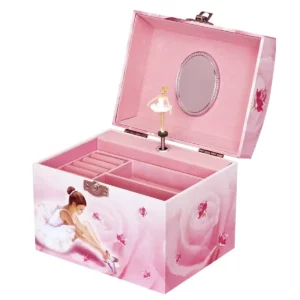 Smykkeskrin med musik til børn i rosa med ballerina og perlehank