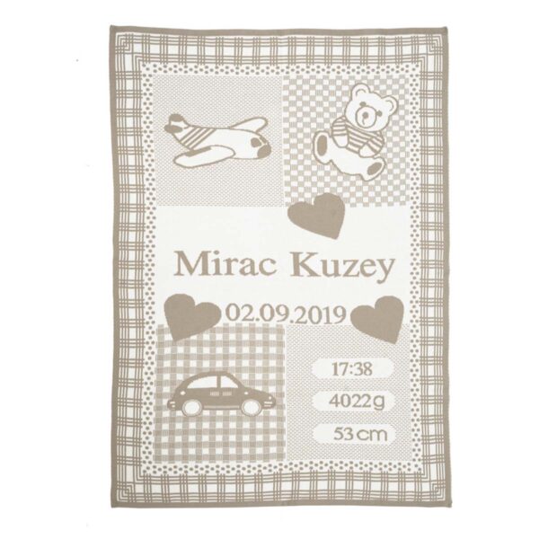 Strikket babytæppe med bil og flyver mørk sand