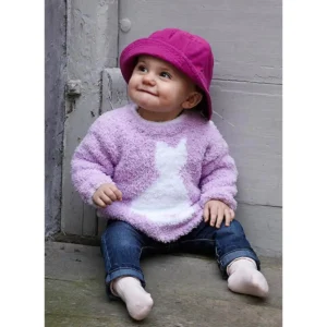 Strikkeopskrift på strikket babytrøje med kat fra Svarta Fåret