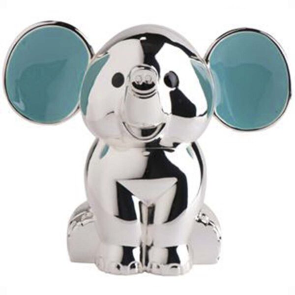 Sparebøsse Elefant Lyseblå forkromet med navn og dato fra Nordahl Andersen