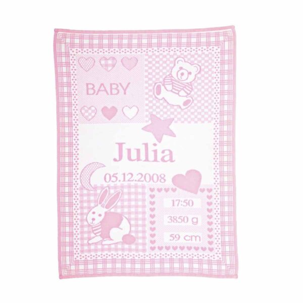 Strikket babytæppet med navn i lyserød