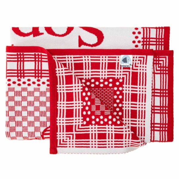 Strikket babytæppet med navn i rød