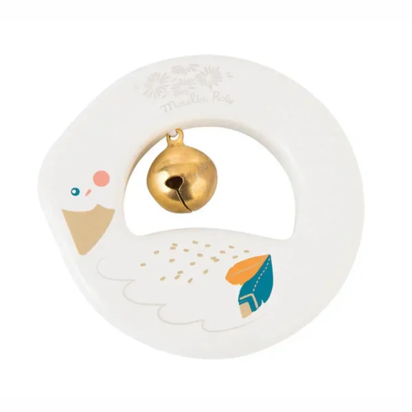  Håndrangle til baby i træ med svane og klokke