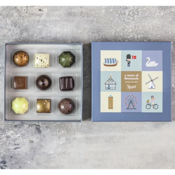 Chokolade gaveæske Xocolatl A Taste of Denmark – 9 stk. fyldte chokolader i luksuriøs gaveæske