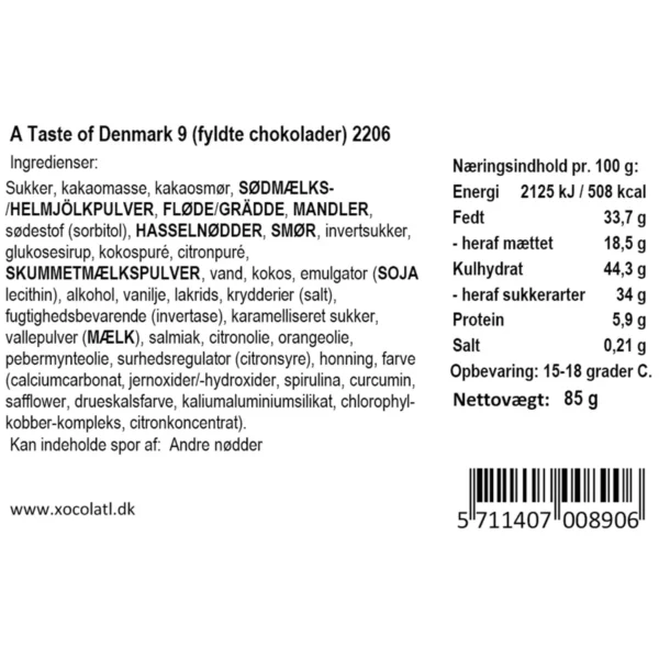 Chokolade gaveæske Xocolatl A Taste of Denmark – 9 stk. fyldte chokolader i luksuriøs gaveæske