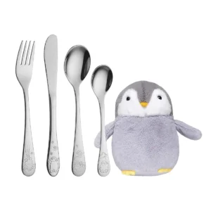 Børnebestik og pingvin bamse 4 dele fra Nordahl Andersen