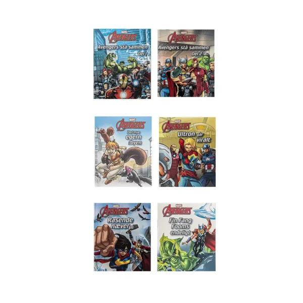 Avengers – Stå sammen Del 1 introducerer en situation, hvor heltene må samle kræfterne. Avengers – Stå sammen Del 2 fortsætter historien og viser, hvordan fællesskab gør en forskel. Avengers – Det nye egern i byen byder på en anderledes helt og nye overraskelser. Avengers – Ultron går viralt tager fat i en moderne trussel med højt tempo. Avengers – Rasende næver handler om styrke, vrede og kontrol. Avengers – Fin Fang Fooms endeligt runder serien af med et dramatisk opgør.