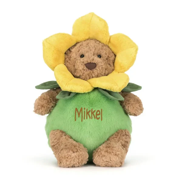 Jellycat Bartholomew Bjørn Daffodil Outfit – blød bamse i forårs farvet blomster dragt med navn