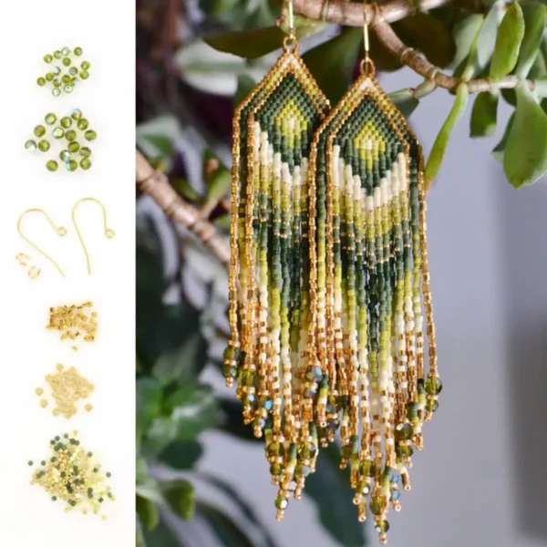 Miyuki diy fringe øreringe i grøn og guld