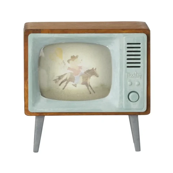 Maileg fjernsyn til dukkehus – træ fjernsyn med cowboy mus