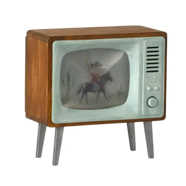 Maileg fjernsyn til dukkehus – træ fjernsyn med cowboy mus